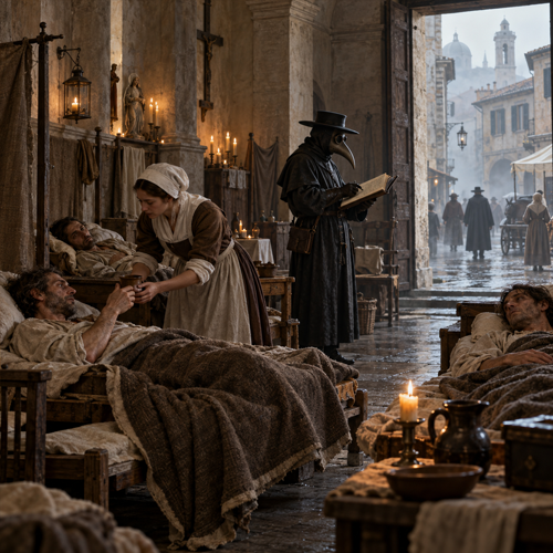 Inside a candlelit stone infirmary, a plague doctor stands by while a nurse tends to patients in wooden beds.