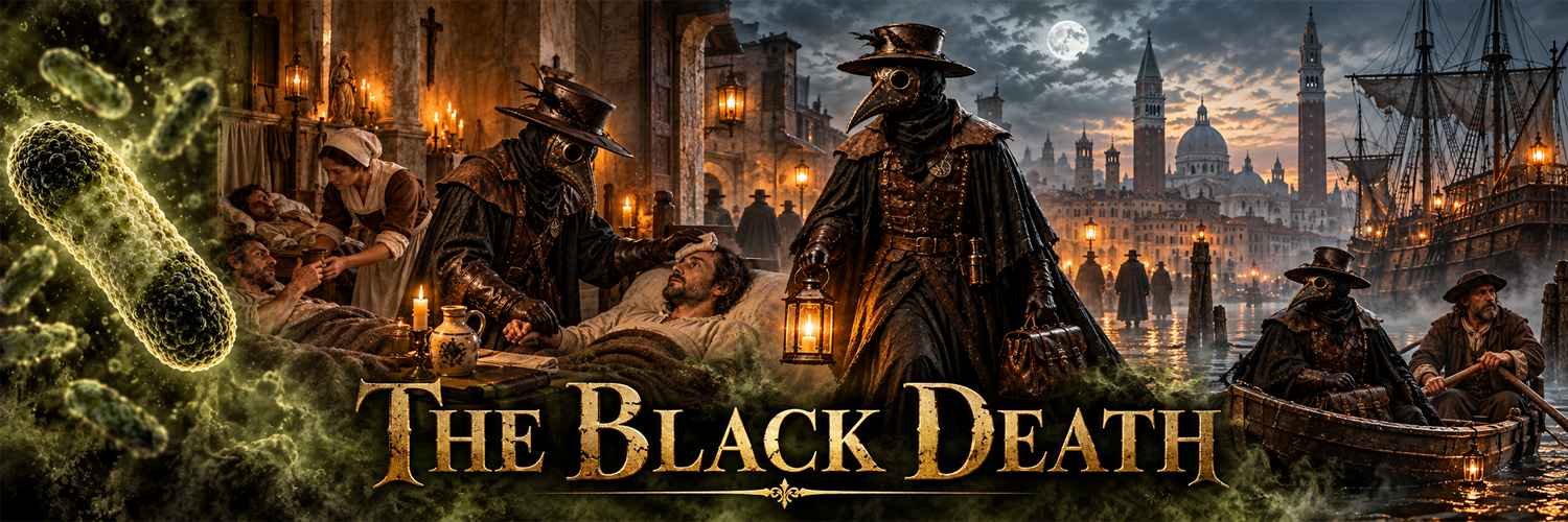 Wide artwork for The Black Death: a glowing microbe, a candlelit ward, a plague doctor with a lantern, and a moonlit harbor with a ship.